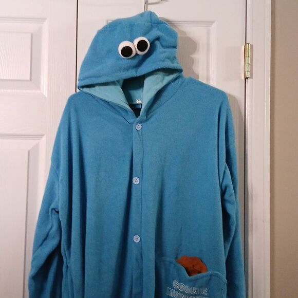 Cookie Monster oversized full button front hooded onsie pajamas costume Sz S EUC - Picture 3 of 8